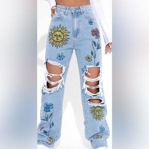 SHEIN ICON Floral High Waist Straight Leg Jeans